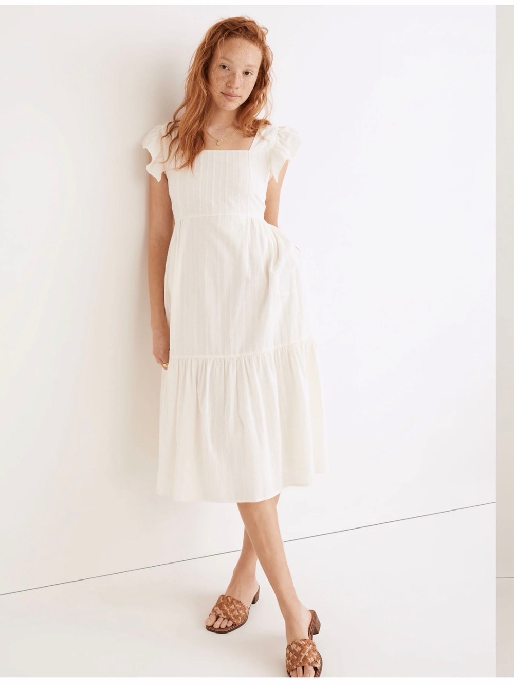 Madewell Cotton Ruffle-Strap Tiered Midi Dress in Textural Stripe Size S